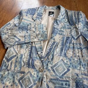 San Moire | Vintage 90s Tapestry Blazer Geometric Blue Tan Size 8 Artwear Boho